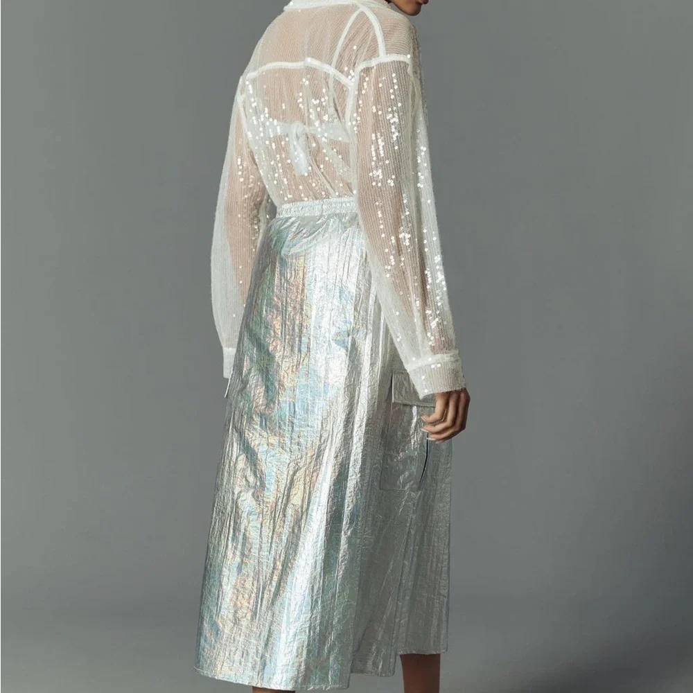 New Anthropologie Metallic Silver Shine Cargo Maxi Skirt Women’s Size Small - Picture 2 of 16